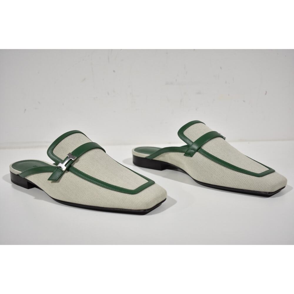 Hermes Groupie Mule Cactus Green Leather Canvas Backless Mule Slide Flat 37 - Picture 5 of 12